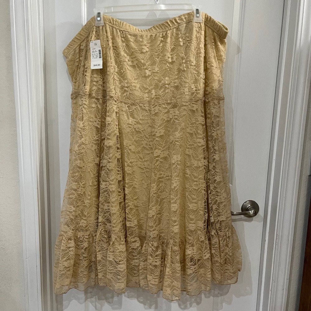 Liz & Me Khaki Floral Lace Ruffle Hem Midi Skirt Plus Size 3X NWT